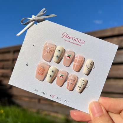«PEARL RIBBON DREAM NAILS»– Pink & White Press-On Nails with 3D Pearls, Cherries & Heart Details, Handmade Kawaii Y2K Nail Set