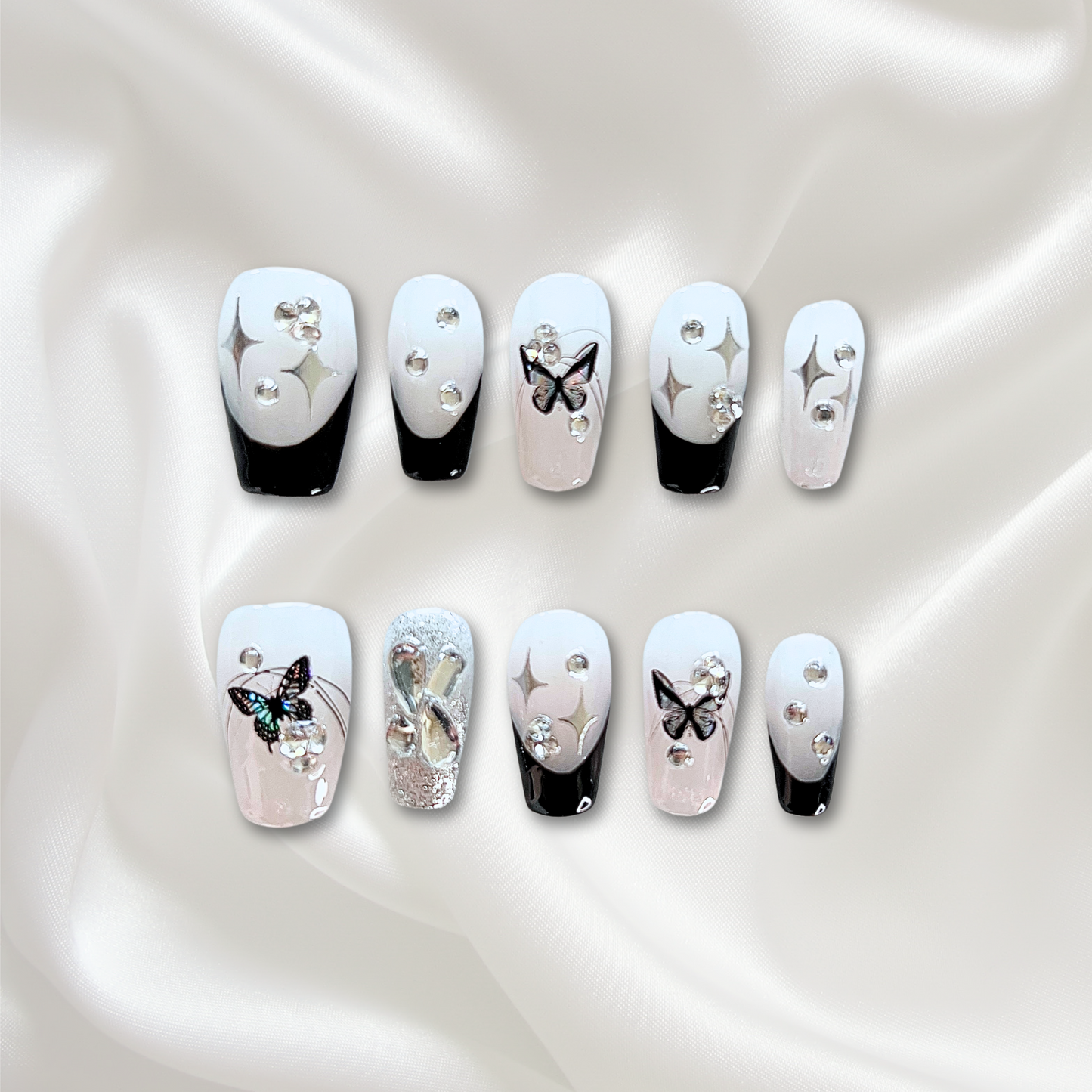 «CRYSTAL NOIR TIPS»– Black & White French Press-On Nails with Butterflies, Rhinestones & Glitter Stars, Elegant Reusable Nail Set