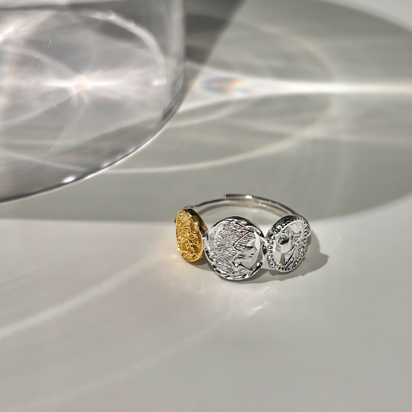 «TRIPLE COIN BAND» — Adjustable Sterling Silver Ring with Gold & Silver Ancient Coin Accents