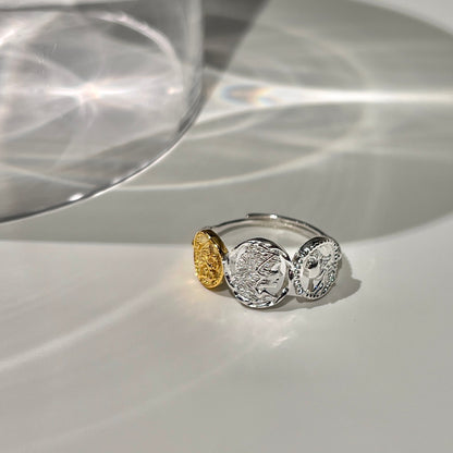 «TRIPLE COIN BAND» — Adjustable Sterling Silver Ring with Gold & Silver Ancient Coin Accents