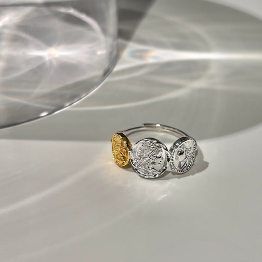 «TRIPLE COIN BAND» — Adjustable Sterling Silver Ring with Gold & Silver Ancient Coin Accents