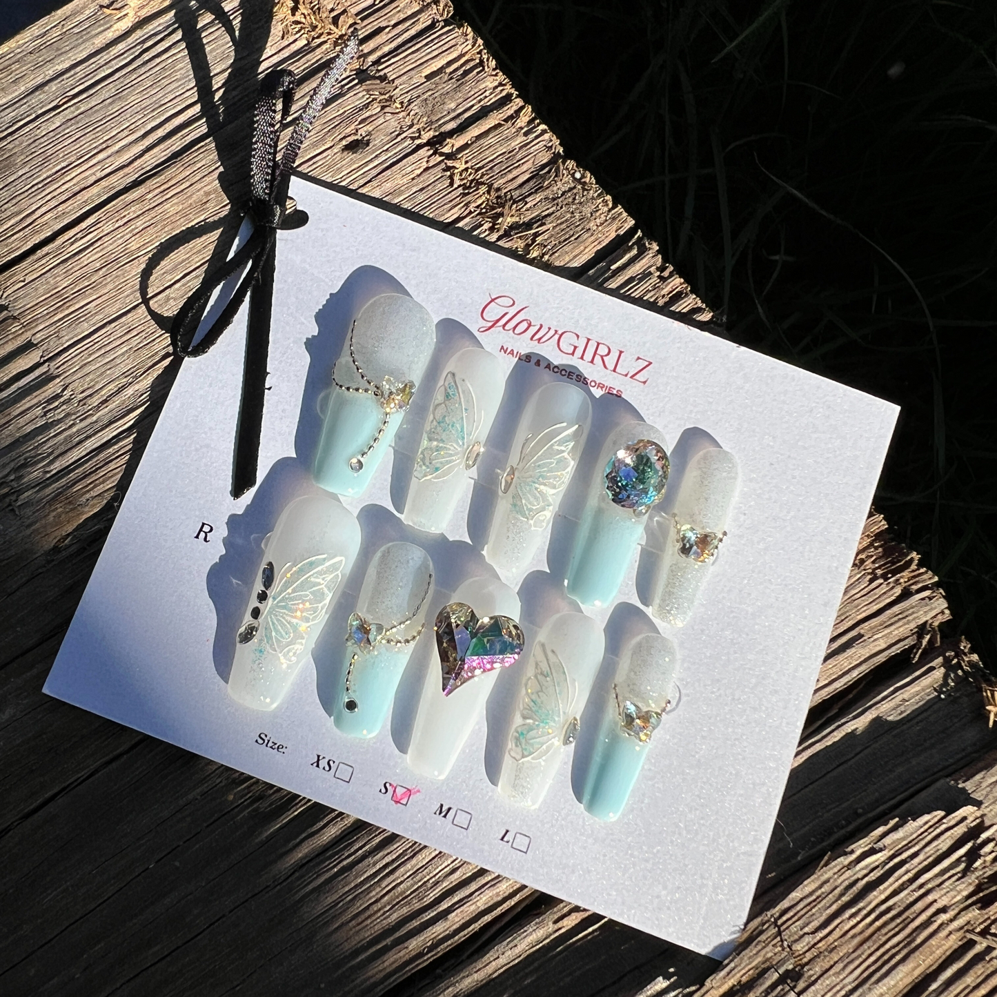 «SKY BUTTERFLY HEARTS»-Sky Blue Press-On Nails with White Butterflies & Heart Rhinestones, Sexy & Romantic Design