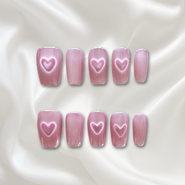 «AURORA HEARTBEAM NAILS»– Pink Cat Eye Press-On Nails with Glowing 3D Heart Design, Soft Glam & Coquette Style, Pink Iridescent Cat Eye Press-On Nails, 2025 Trending Nail Design