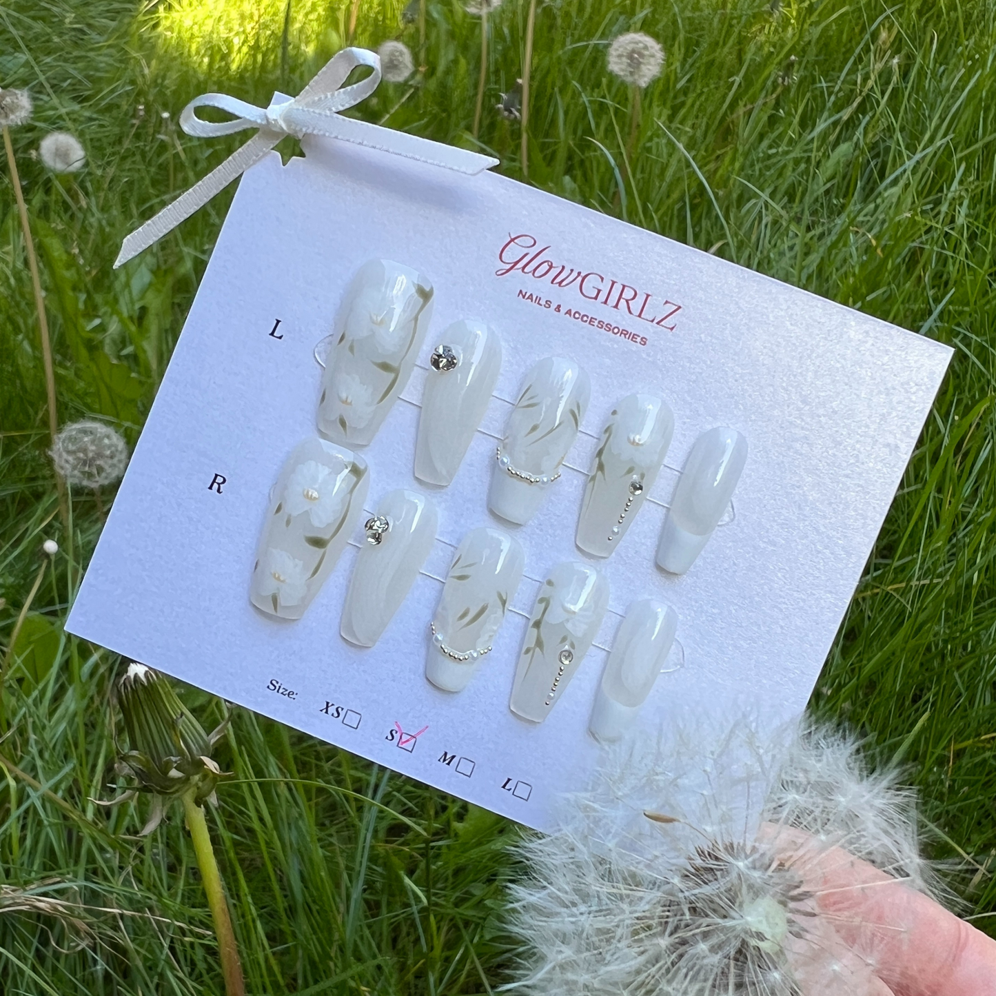 «WHISPERING GARDEN TIPS»– White Press-On Nails with Hand-Painted Floral Details & Crystal Accents, Minimalist Botanical Nail Design, French Press-On Nails with White Floral Accents, Elegant & Sophisticated Nail Design
