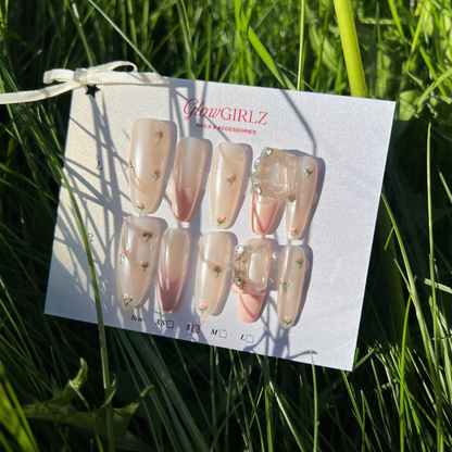 «BLOSSOM KISS PINK FRENCH TIPS»– Pink French Press-On Nails with White & Pink Mini Floral Accents, Fresh & Romantic Spring Nail Design, Pink Ombre Press-On Nails with Mini Flower Details