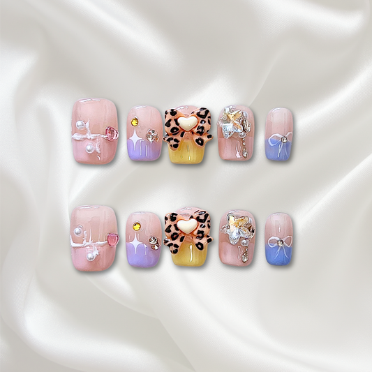 «LEOPARD GLAM BOW NAILS»– Nude Pink Jelly Press-On Nails with 3D Leopard Heart, Rhinestones & Colorful Gradient Tips, Cute Kawaii Handmade Nail Set