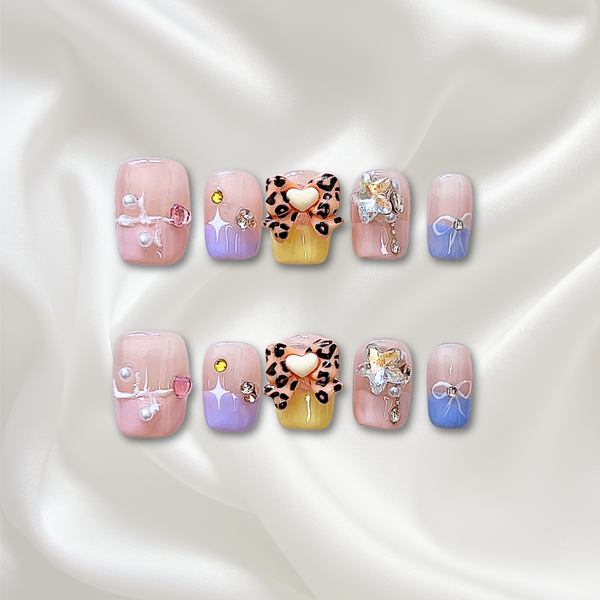 «LEOPARD GLAM BOW NAILS»– Nude Pink Jelly Press-On Nails with 3D Leopard Heart, Rhinestones & Colorful Gradient Tips, Cute Kawaii Handmade Nail Set