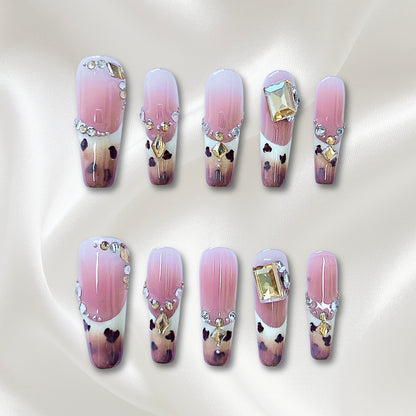 «WILD CHIC COFFIN TIPS»- Leopard French Nails with Rhinestones, Long Bling Press-On Set