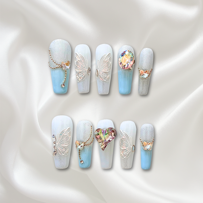 «SKY BUTTERFLY HEARTS»-Sky Blue Press-On Nails with White Butterflies & Heart Rhinestones, Sexy & Romantic Design