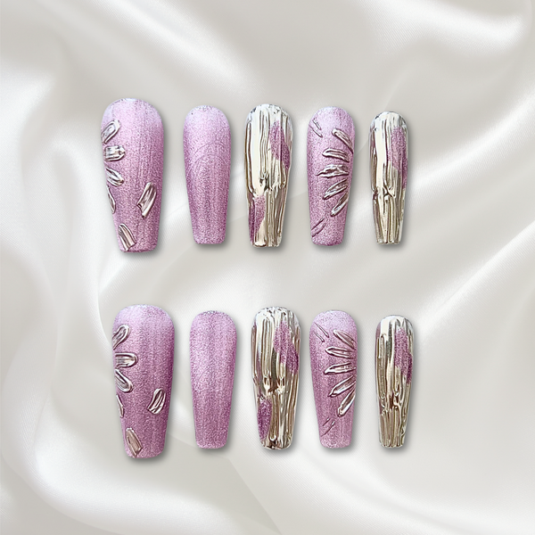 «SILVER BLOOM AMETHYST»– Purple & Brushed Silver Press-On Nails with Metallic Floral Accents, Sexy & Glam Nail Design