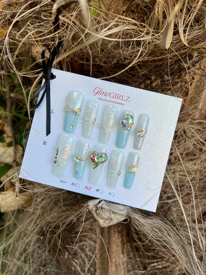 «SKY BUTTERFLY HEARTS»-Sky Blue Press-On Nails with White Butterflies & Heart Rhinestones, Sexy & Romantic Design