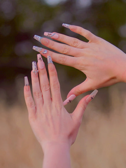 «WILD WEST BABE NAILS»- Pink Animal Print Press-On Nails with Cross Charms, Sweet Goth Style, Zebra Print Nails