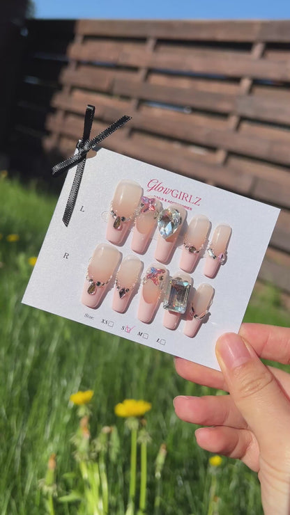 «CRYSTAL PINK FRENCH»- Pink French Press-On Nails with White & Pink Rhinestones, Sexy & Sparkly Design
