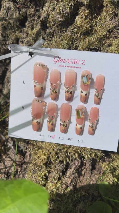«WILD CHIC COFFIN TIPS»- Leopard French Nails with Rhinestones, Long Bling Press-On Set