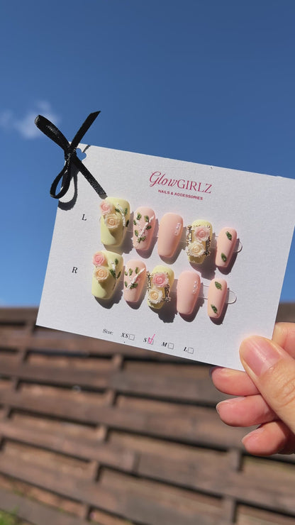 «ROSE BLUSH DREAMS»- Pink & Yellow Press-On Nails with 3D Rose Flower Design, Romantic Floral Nails, Summer Nails