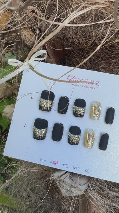 «MIDNIGHT SPARK MATTE»– Matte Black Press-On Nails with Silver Glitter Accents, Elegant & Unique Nail Design, Matte Black Glitter Press-On Nails, Elegant Reusable Fake Nails for Night Out & Glam Looks