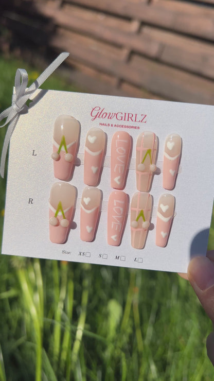 «CHERRY KISS FRENCH TIPS» – Pink French Press-On Nails with Cherries, Hearts & ‘LOVE’ Lettering, Cute Soft Girl Aesthetic, Reusable Handmade Nail Set