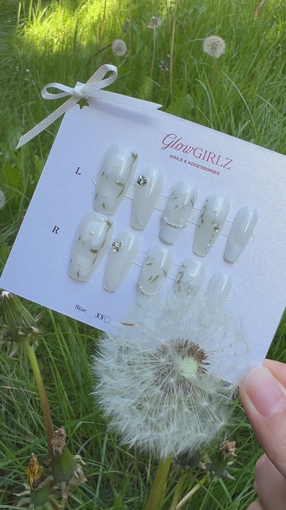 «WHISPERING GARDEN TIPS»– White Press-On Nails with Hand-Painted Floral Details & Crystal Accents, Minimalist Botanical Nail Design, French Press-On Nails with White Floral Accents, Elegant & Sophisticated Nail Design