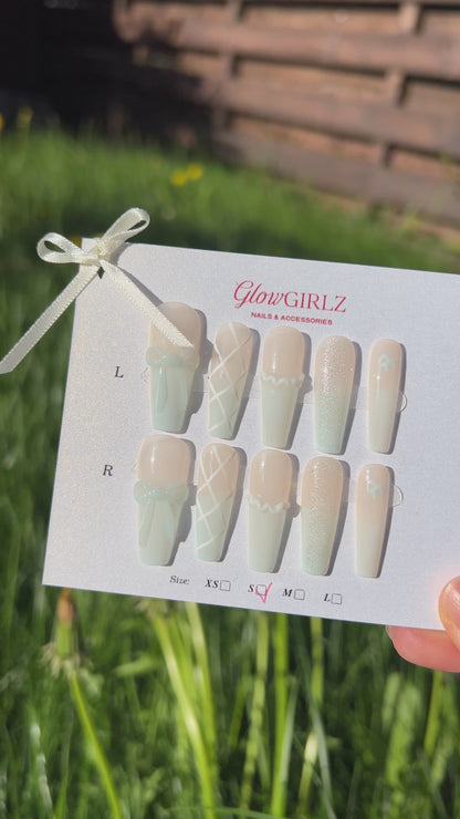 «COQUETTE BLUE BOWS»– Light Blue Ombre Press-On Nails with 3D Satin Bows & Criss-Cross Lace Detail, Soft Aesthetic Nail Design, Baby Blue Nails