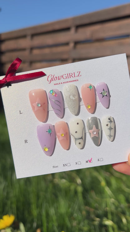 «CELESTIAL DREAM STAR NAILS»– Purple & Pink Galaxy Press-On Nails with 3D Stars, Glitter & Crystals, Reusable Handmade Nail Set