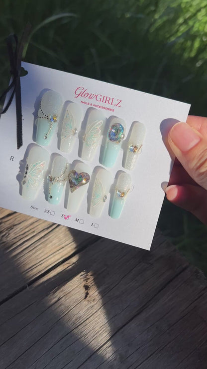 «SKY BUTTERFLY HEARTS»-Sky Blue Press-On Nails with White Butterflies & Heart Rhinestones, Sexy & Romantic Design