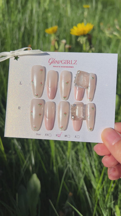 «BLOSSOM KISS PINK FRENCH TIPS»– Pink French Press-On Nails with White & Pink Mini Floral Accents, Fresh & Romantic Spring Nail Design, Pink Ombre Press-On Nails with Mini Flower Details