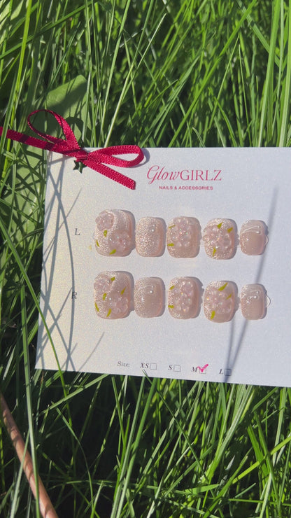 «SACURA SPARKLE NAILS»– Pink Glitter Press-On Nails with 3D Cherry Blossom Accents, Spring-Inspired Floral Nail Design