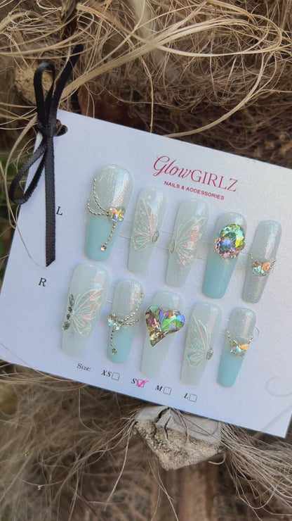 «SKY BUTTERFLY HEARTS»-Sky Blue Press-On Nails with White Butterflies & Heart Rhinestones, Sexy & Romantic Design