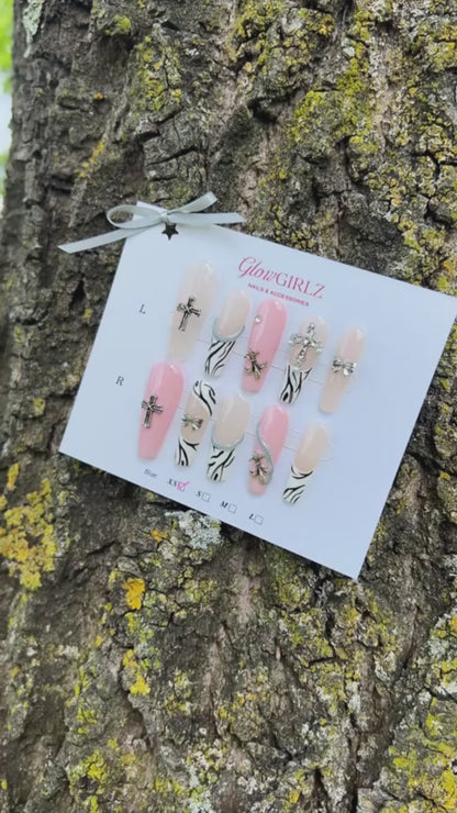 «WILD WEST BABE NAILS»- Pink Animal Print Press-On Nails with Cross Charms, Sweet Goth Style, Zebra Print Nails