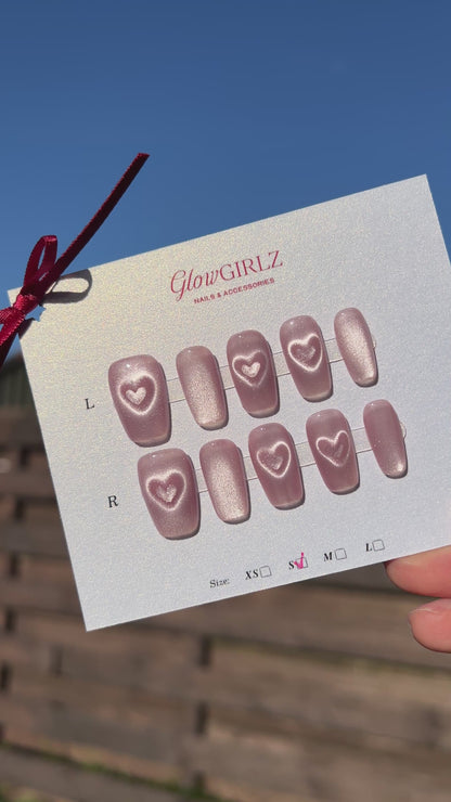 «AURORA HEARTBEAM NAILS»– Pink Cat Eye Press-On Nails with Glowing 3D Heart Design, Soft Glam & Coquette Style, Pink Iridescent Cat Eye Press-On Nails, 2025 Trending Nail Design